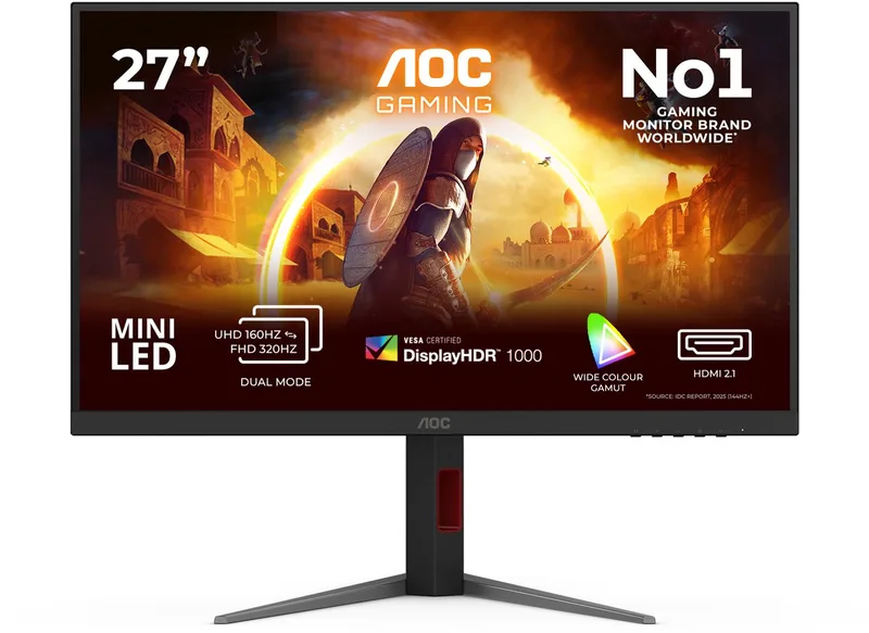 G4 U27G4XM - 4K Mini LED Gaming Monitor - 160hz - USB-hub - HDMI 2.1 - 27 inch van AOC, Zwart, Rood – cover