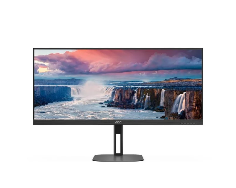 U34V5C/BK Gaming-Monitor (86,3 cm/34 ", 3440 x 1440 px, WQHD, 1 ms Reaktionszeit, 100 Hz, VA LCD) de AOC, Noir – jaquette