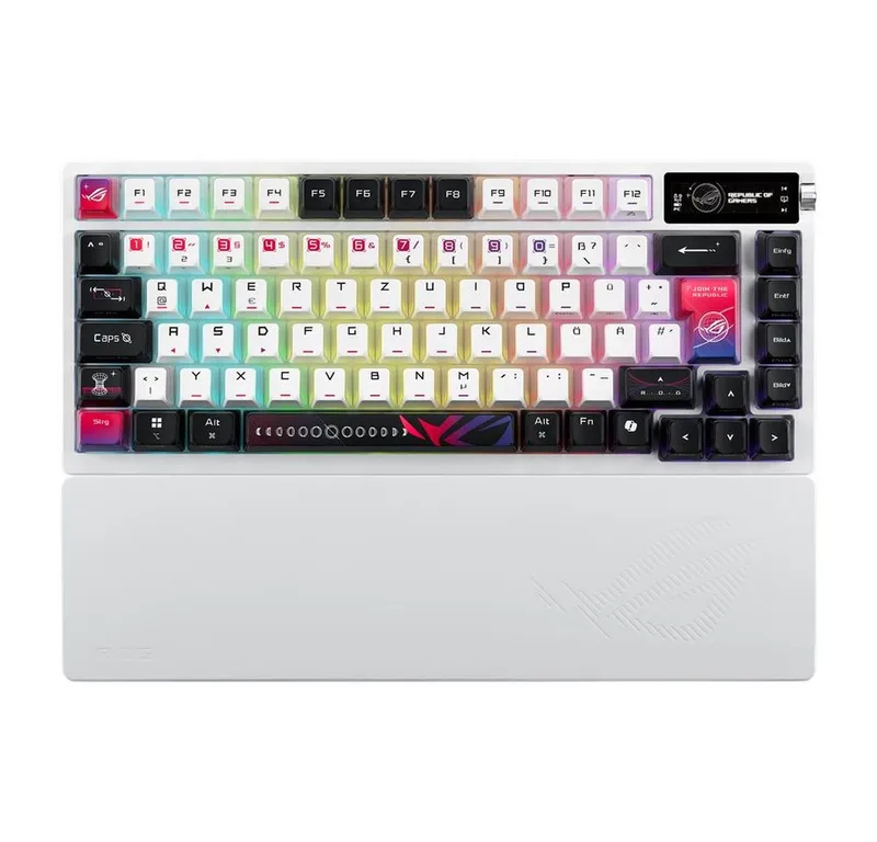 Azoth X Gaming-Tastatur (75% Gaming Tastatur QWERTZ Wireless OLED RGB Weiß) van ASUS, Zwart, DE – cover
