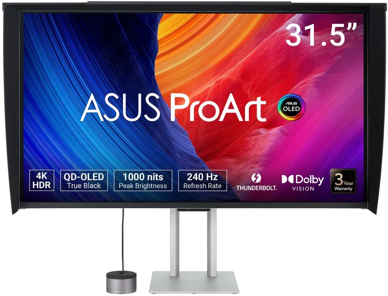 ProArt Display OLED PA32UCDMR-K - Professional Monitor - 4K UHD - QD-OLED - USB-C 96W Power Delivery - ProArt CaliContrO MCA02 3-in-1 Colorimeter - 240Hz - 0.1ms - 32 Inch by ASUS, Black – cover