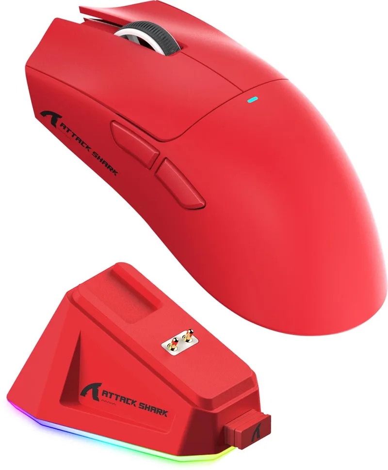 X11 Gaming Muis - RGB - Draadloos/Wired (BT5.2/2.4G) - Magnetisch Dock - 22000 DPI by Attack Shark, Red – cover
