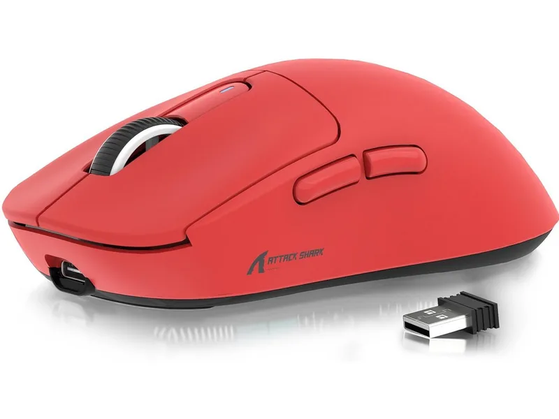 X3 Kabellose Gaming-Maus, 49g Ultraleicht, PAW3395 Gaming-Maus (2.4G, Bluetooth, kabelgebunden, 200H) van Attack Shark, Rood – cover