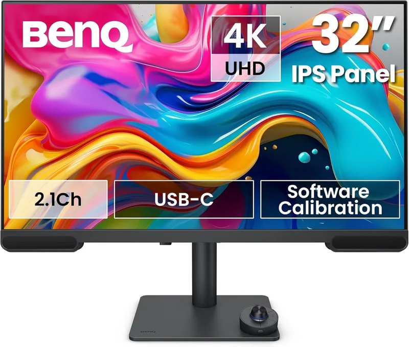 Creative Pro PV3200U – 32" 4K Premium Designer & Video Editing Monitor – 95% DCI‑P3 – 100% Rec.709 – Calman Verified – 2.1‑audio – MacBook‑modus – USB‑C 65W – HDR400 - ICCsync - iKeyboard control - Wireless Hotkey Puck G3 by BenQ, Black – cover