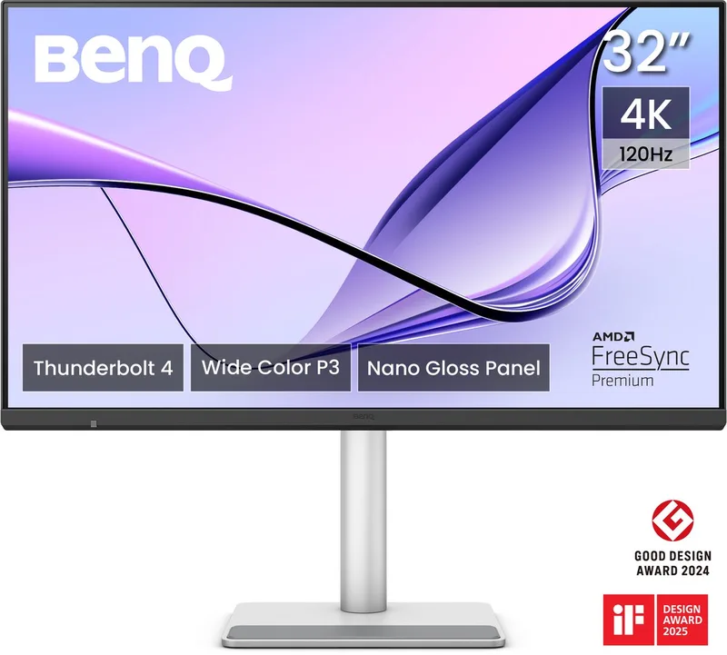 MA320UG 32" 4K IPS Mac Monitor – Nano Gloss – 98% P3 – 99% sRGB - 120Hz – Thunderbolt 4 96W – HDR10 - HDR400 – KVM de BenQ, Noir, Zilvergrijs – jaquette