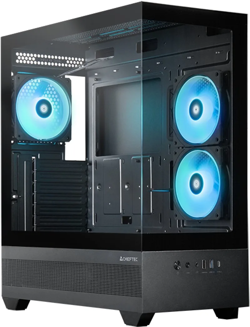 Vista Black - Midi Tower - ATX, M-ATX, Mini-ITX - 2x 2.5", 1x 3.5" - Gehard glas voorkant & zijkant - 1x USB 3.2 Gen1 type-C - incl. 3x 120mm ARGB Fans de Chieftec, Noir – jaquette