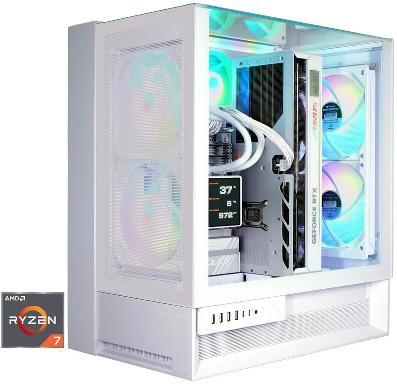 OmnyX WT 8059 AMD Ryzen 7 9700X 32GB DDR5 2TB SSD RTX 5080 Gaming-PC (AMD Ryzen 7 9700X, RTX 5080, 32 GB RAM, 2000 GB SSD, Wasserkühlung, Windows 11, DDR5 RAM, Wasserkühlung) van Cougar, Wit – cover
