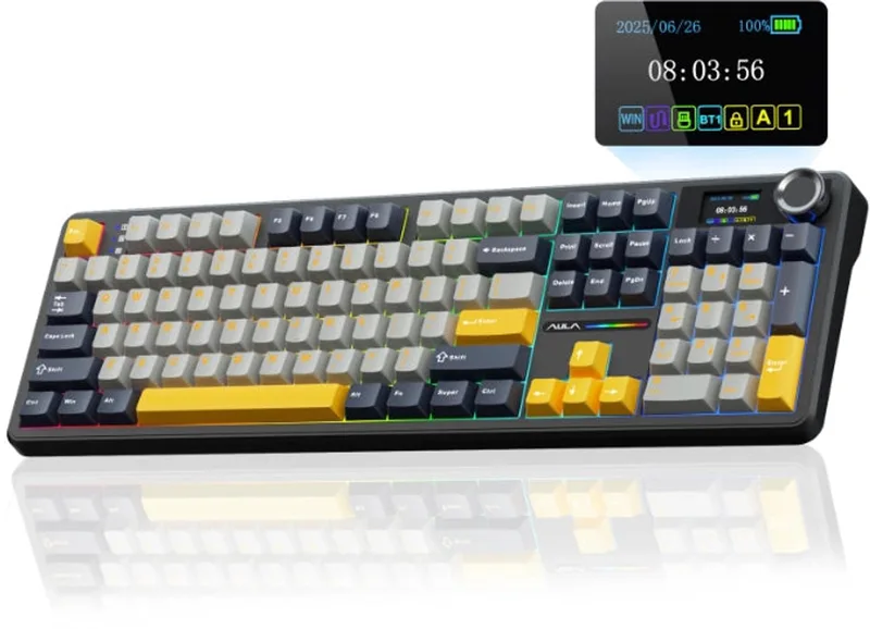 x AULA F108 Pro - Mechanisch Gaming Toetsenbord – LCD Display – RGB – Tri-Mode Draadloos – Hot-Swappable – Full Size - Reaper Switch van EPOMAKER, Zwart – cover