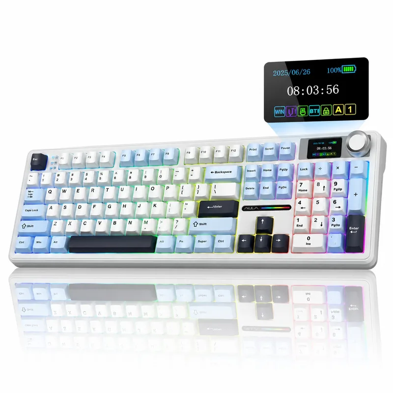 x AULA F108 Pro - Mechanisch Gaming Toetsenbord – LCD Display – RGB – Tri-Mode Draadloos – Hot-Swappable – Full Size - Reaper Switch van EPOMAKER, Licht Blauw – cover