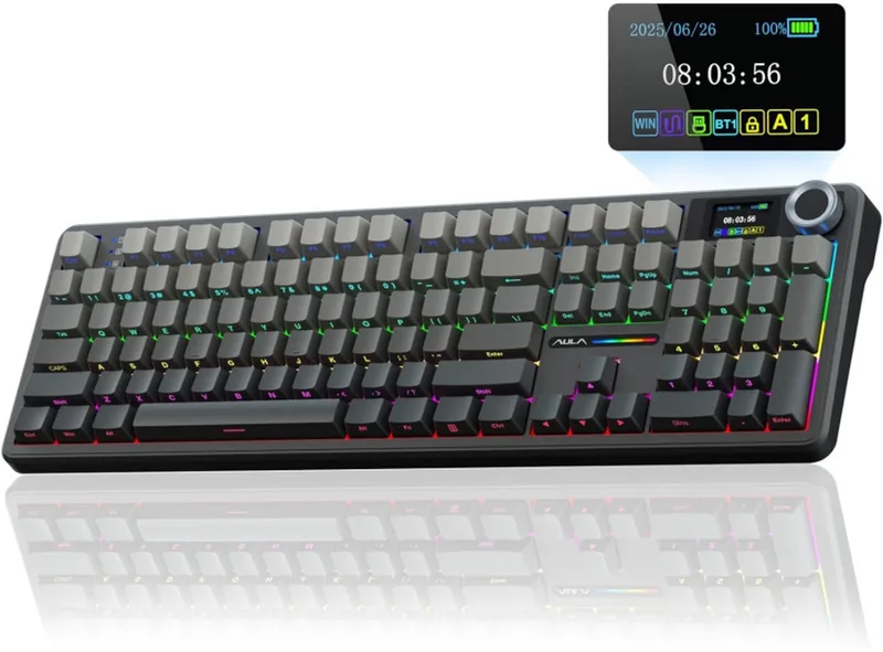 x AULA F108 Pro - Mechanisch Gaming Toetsenbord – LCD Display – RGB – Tri-Mode Draadloos – Hot-Swappable – Full Size - Raindrop Switch van EPOMAKER, Grijs SP – cover