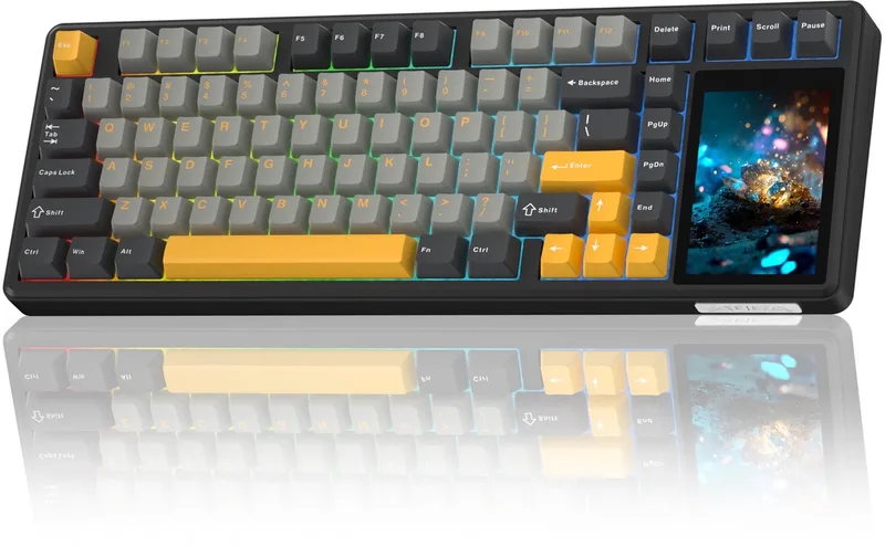 x AULA L99 - Grijs / Geel - Mechanisch Gaming Toetsenbord – 96% Layout – Groot LCD Display – RGB – Tri-Mode – Hot-Swappable – Draadloos & Bedraad by EPOMAKER, Grey, Yellow – cover