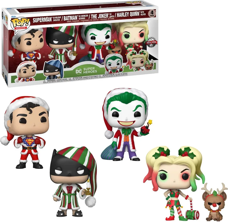 DC Super Heroes Funko Pop Vinyl 4-Pack: Superman, Batman, The Joker & Harley Quin in Holiday Outfits från Funko – omslag