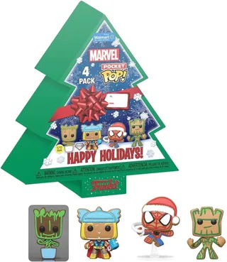 Marvel Pocket Pop Holiday Tree 4-Pack - Baby Groot, Thor, Spider-Man, Groot (Glow in the Dark) by Funko – cover 1 of 2