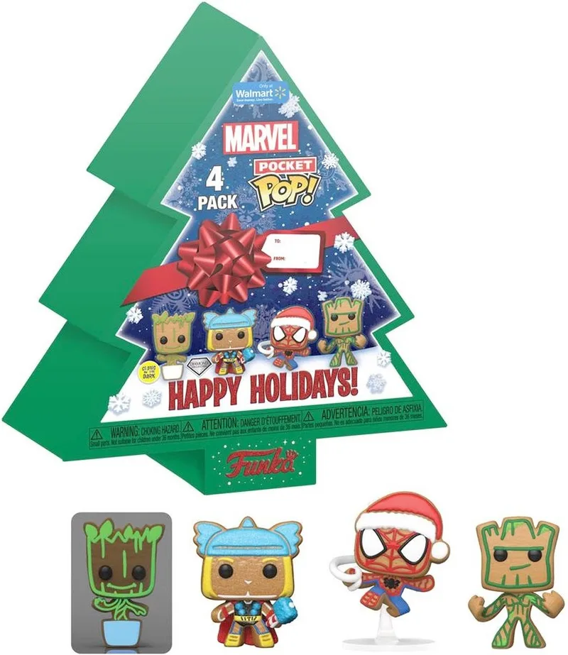 Marvel Pocket Pop Holiday Tree 4-Pack - Baby Groot, Thor, Spider-Man, Groot (Glow in the Dark) by Funko – cover 1 of 2