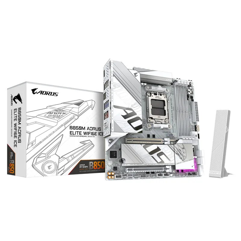 B850M AORUS ELITE WIFI6E ICE AMD B850 Socket AM5 micro ATX de Gigabyte – jaquette