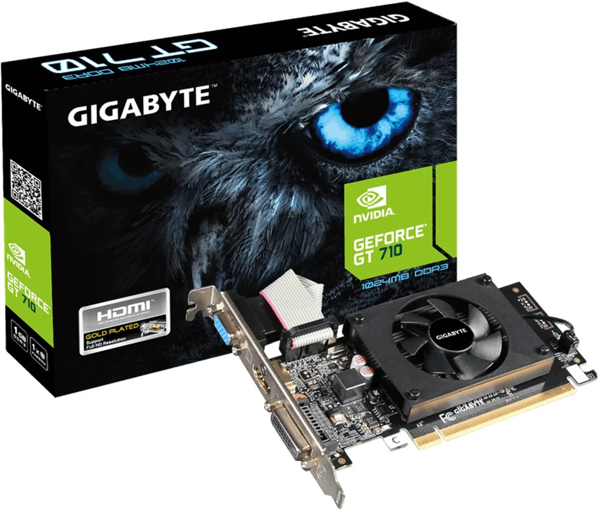 GeForce GT 710 NVIDIA 1 GB GDDR3 fra Gigabyte, Sort – cover