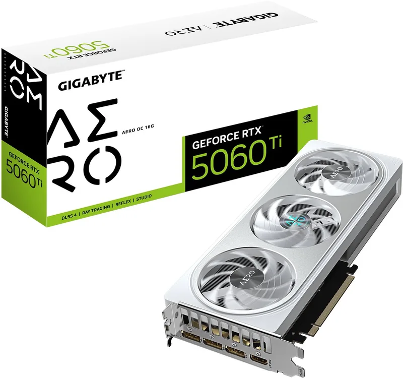 GeForce RTX 5060 Ti AERO OC 16G NVIDIA 16 GB GDDR7 de Gigabyte, Blanc – jaquette