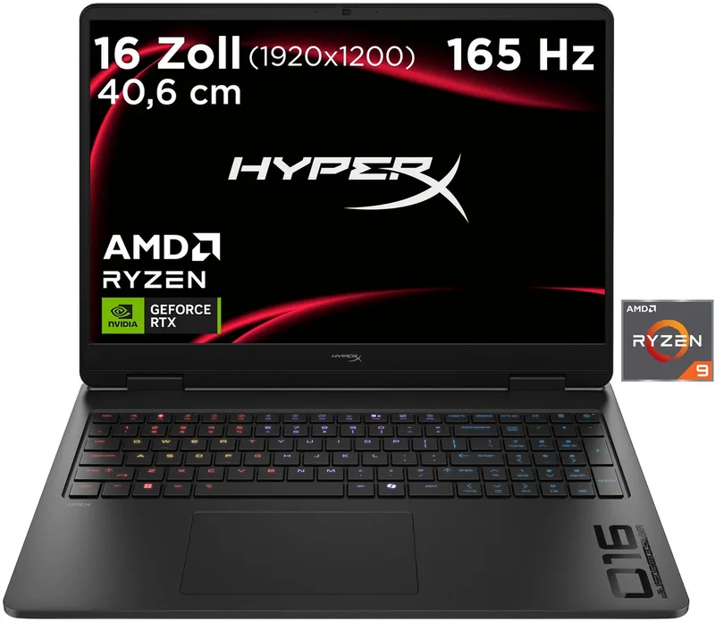 HyperX OMEN 16-ap1293ng Gaming-Notebook (40,64 cm/16 Zoll, AMD Ryzen 9 8940HX, GeForce RTX 5070, 24 GB, 1000 GB SSD) de HP, Noir – jaquette