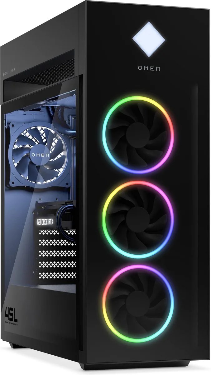 OMEN 45L GT22-3220nd - Gaming Desktop - Intel Core Ultra 9 285K - 64GB DDR5 RGB RAM - 2TB SSD - NVIDIA GeForce RTX 5080 16GB - 360mm Liquid Cooling - Windows 11 Home van HP, Zwart – cover