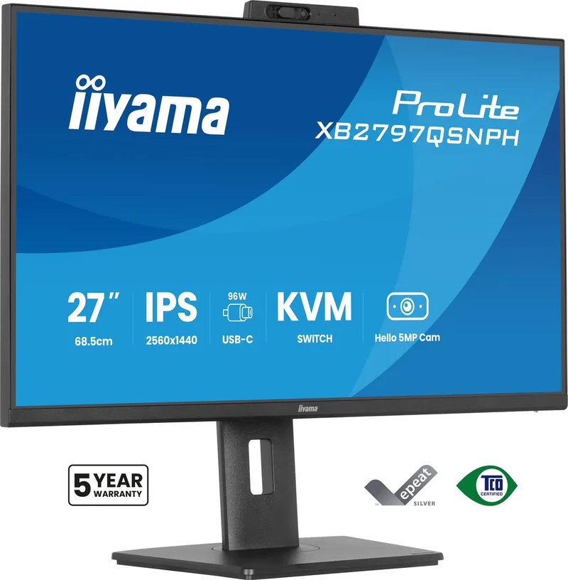 ProLite XB2797QSNPH-B1 - 27 inch - QHD - IPS - 75Hz - Verstelbaar - USB-C Dock - 96w power delivery - Windows Hello Cam de iiyama, Noir – jaquette