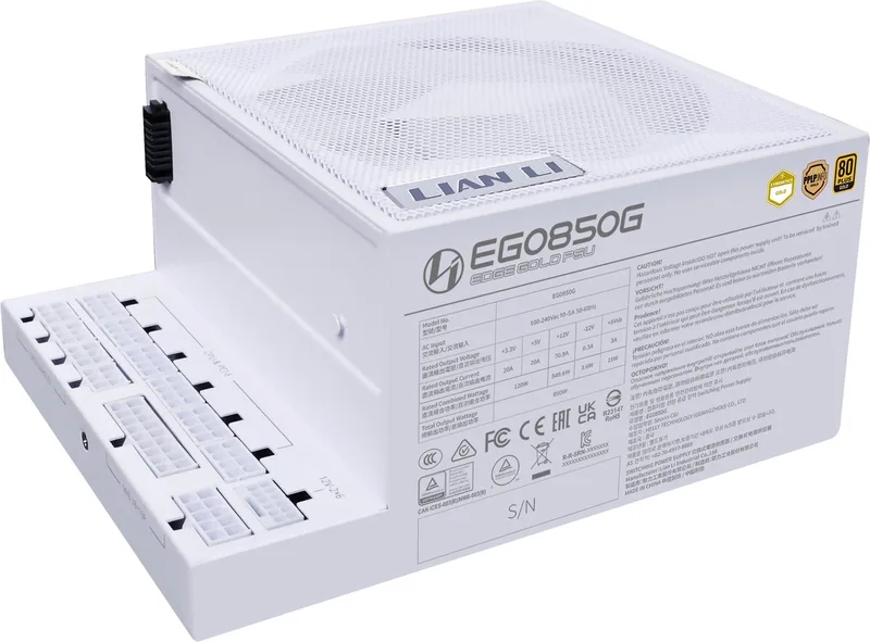 Edge Gold 850W White - ATX12V 3.1 - 80 Plus Gold - 850 Watt - Modulair - Actieve PFC - PCIe 5.1 - L-vormig ontwerp de Lian Li, Blanc – jaquette