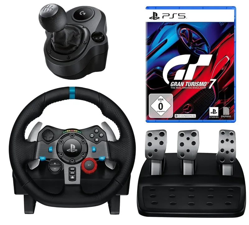 G29 Lenkrad mit Schaltung Pedale PS5 + Gran Turismo 7 Gaming-Lenkrad (Set, Driving Force Rennlenkad Playstation 5) by Logitech G, Black – cover