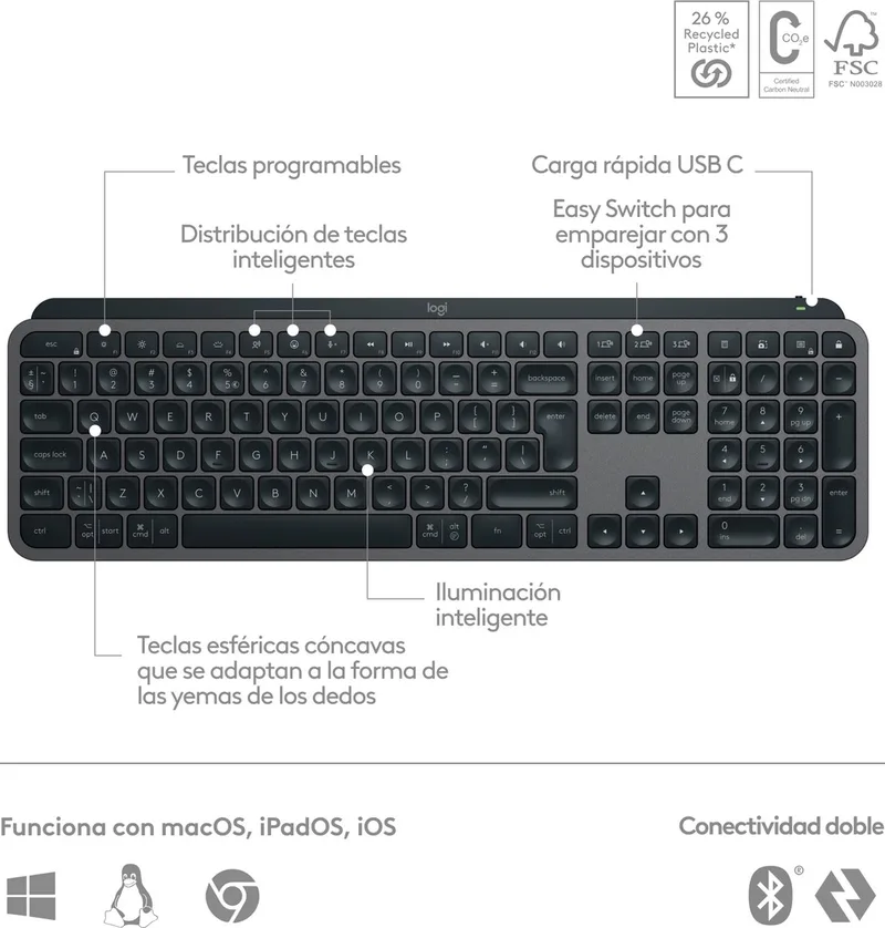 MX Keys S - Toetsenbord - Draadloos - ISO - Grijs by Logitech, Grey, ES – cover