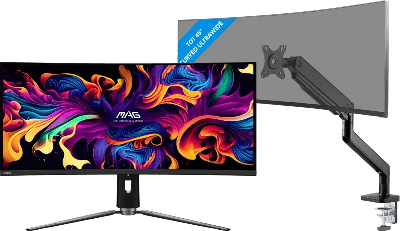 MAG 341CQP QD-OLED + BlueBuilt Monitorarm Gasveer voor 1 Monitor de MSI – jaquette