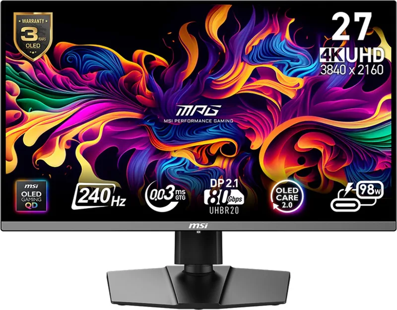MPG 272URX QD-OLED - 4K UHD Gaming Monitor - 240Hz - 27 Inch - USB-C PD 98W - DisplayPort 2.1 de MSI – jaquette