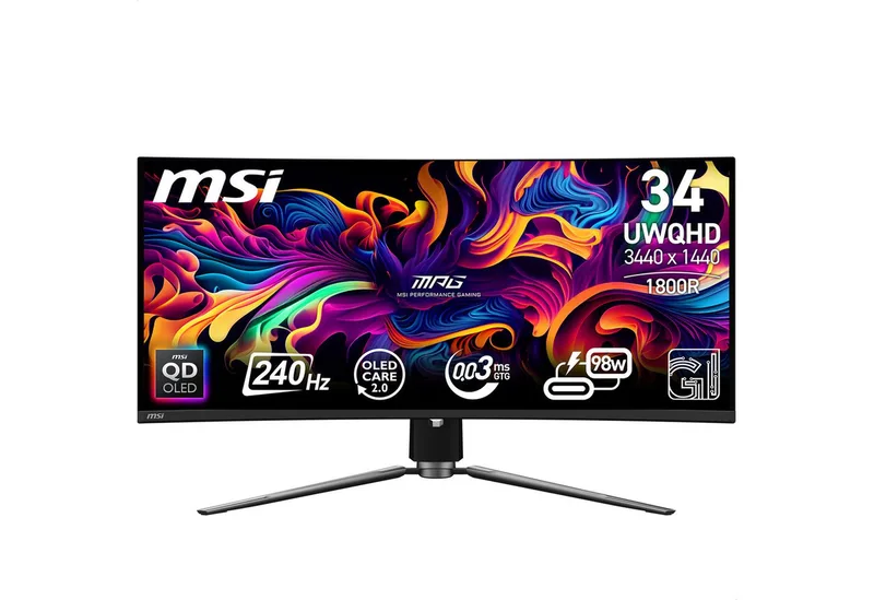 MPG 341CQPX QD Curved-Gaming-OLED-Monitor (86,8 cm/34 ", 3440 x 1440 px, UWQHD, 0,03 ms Reaktionszeit, 240 Hz, OLED, 3 Jahre Herstellergarantie, höhenverstellbar, USB-C) van MSI, Zwart – cover