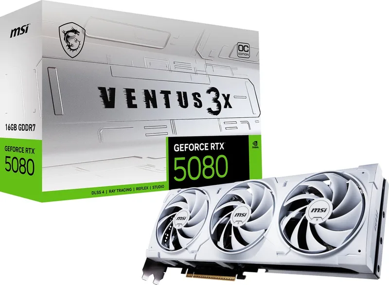 NVIDIA GeForce RTX 5080 16G VENTUS 3X OC WHITE - Videokaart - 16GB - GDDR7 - PCIe 5.0 - 1x HDMI 2.1 - 3x DisplayPort 2.1 by MSI, White – cover