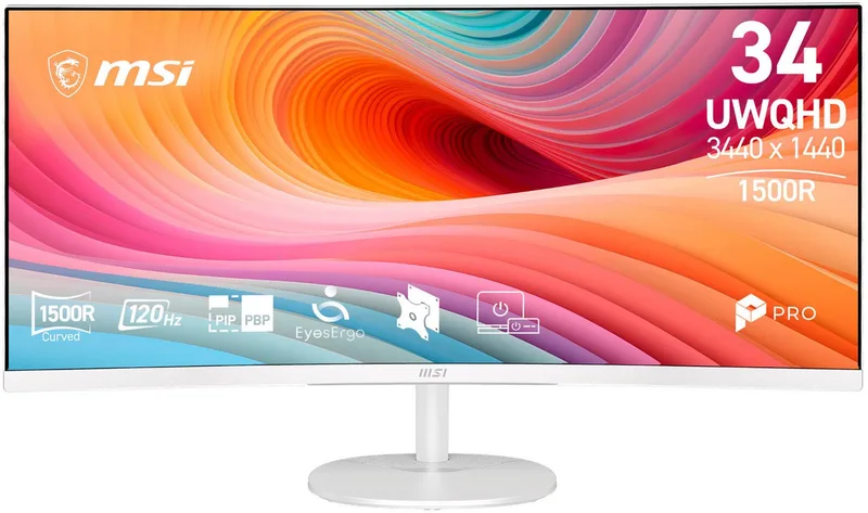 PRO MP341CQW E12 LCD-Monitor (86,4 cm/34 ", 3440 x 1440 px, UWQHD, 1 ms Reaktionszeit, 120 Hz, VA LCD, neigbar, 3 Jahre Herstellergarantie) de MSI, Blanc – jaquette