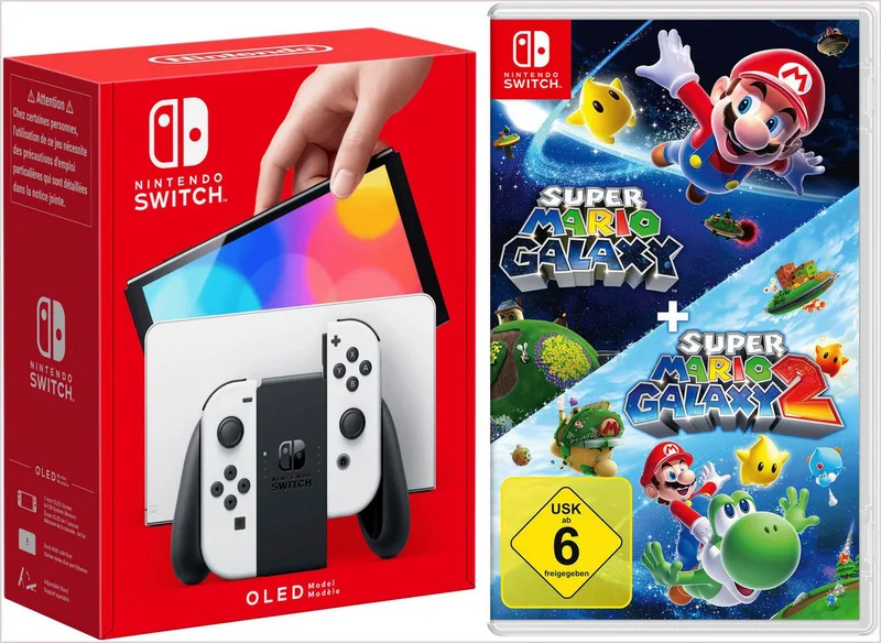 NSW OLED Konsole weiss inkl.Super Mario Galaxy 1+2 by Nintendo, White – cover