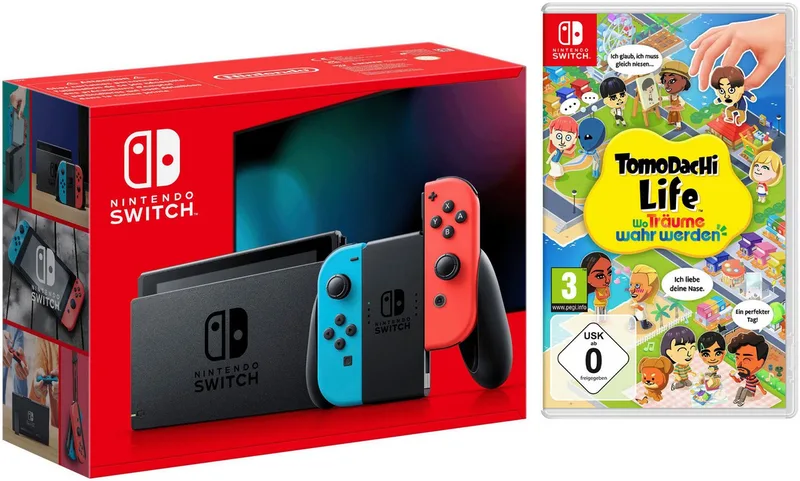 Switch Neon-Rot/Neon-Blau inkl. Tomodachi Life, Switch Neon-Rot/Neon-Blau inkl.Tomodachi Life: Wo Träume wahr werden de Nintendo, Bleu, Multicolore, Rouge – jaquette