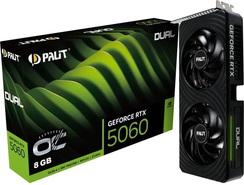 Dual OC NVIDIA GeForce RTX 5060 - Videokaart - 8GB - GDDR7 - PCIe 5.0 - 1x HDMI 2.1b - 2x DisplayPort 2.1 van Palit, Zwart – cover