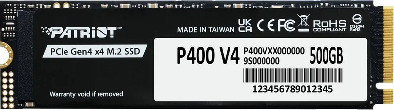 P400 V4 500GB - SSD - M.2 2280 - PCIe Gen4 x4 - 500 GB - NVMe 2.0 - Smart ECC - 160TBW - zwart van Patriot – cover