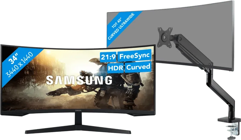 Odyssey G5 LC34G55TWWPXEN Curved + BlueBuilt Monitorarm voor 1 Ultrawide Monitor by Samsung – cover