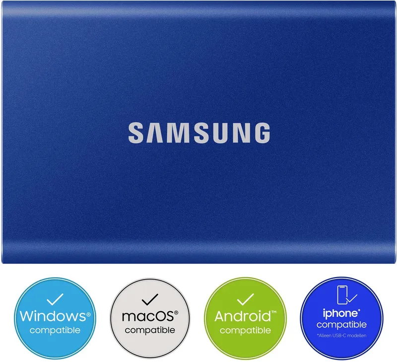 Portable T7 - Externe SSD - USB 3.2 Gen 2 USB-C - SSD de Samsung, Bleu, 2 TB – jaquette
