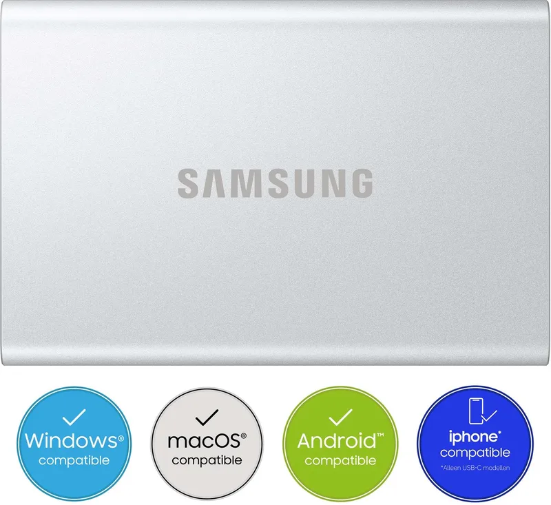 Portable T7 - Externe SSD - USB 3.2 Gen 2 USB-C - SSD de Samsung, Argent, 4 TB – jaquette