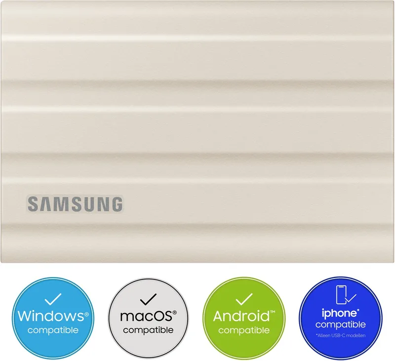 Portable T7 Shield - Externe SSD - USB 3.2 Gen 2 USB-C - SSD van Samsung, Beige, 1 TB – cover