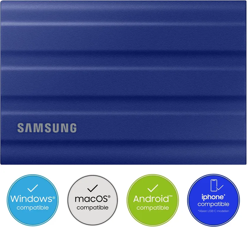 Portable T7 Shield - Externe SSD - USB 3.2 Gen 2 USB-C - SSD van Samsung, Blauw, 1 TB – cover