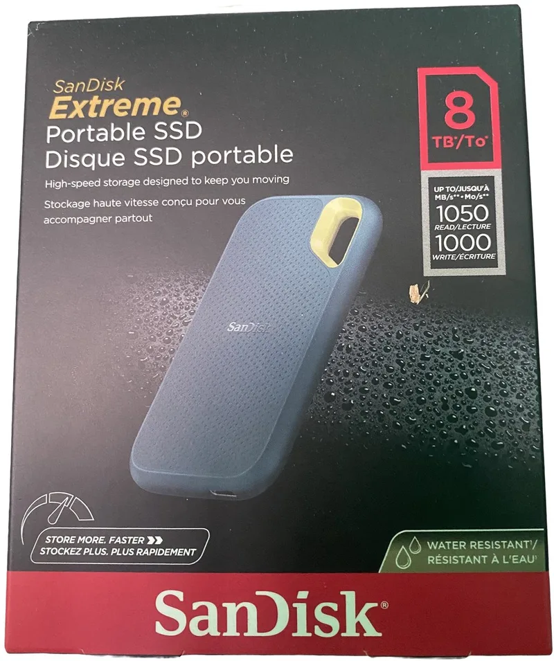 Extreme Portable SSD - Externe SSD - USB-C 3.2 Gen 2 - Tot 1050 MB/s - IP65 Waterdicht & Stofdicht - Schokbestendig - 256-bit AES - Zwart de SanDisk, Bleu, 8 TB – jaquette