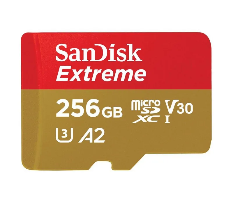 microSDXC Extreme Speicherkarte Video Speed Class 30 (V30)/UHS Speed Class 3 (U3) van SanDisk, Goud, Rood, 256 GB – cover