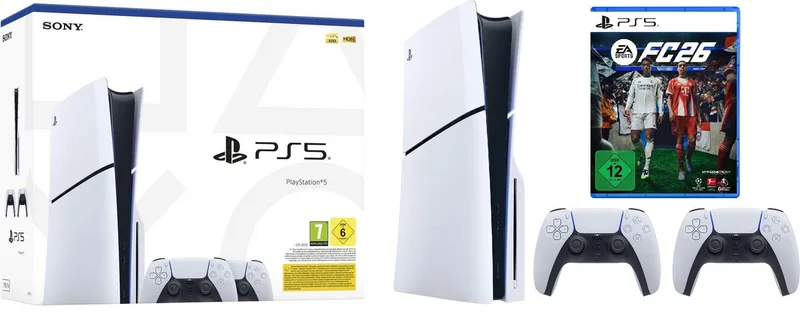 Playstation 5 Slim + 2 Controller + FC 26 Bundle PS5 Set SSD, HDR, Gaming Console mit 2 Kontroller de Sony Interactive Entertainment, Blanc, 1 TB – jaquette