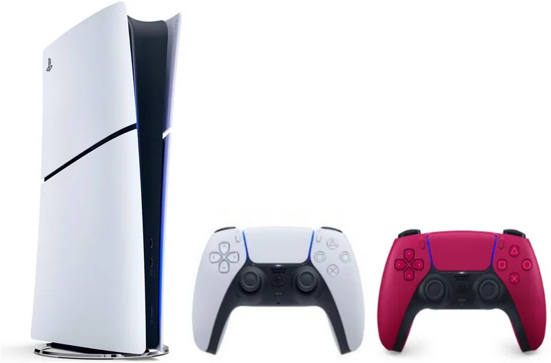 PlayStation 5 Slim Digital Edition Konsole + 2 Controller Cosmic Red (Set, 2 St., inkl. 2. DualSense Controller) by Sony Interactive Entertainment, Black, White – cover