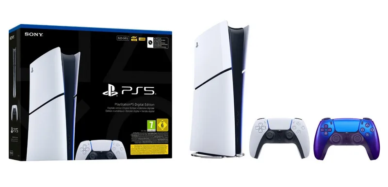 PlayStation 5 Slim Digital Edition Konsole + Controller Chroma Indigo (Set, 2 St., inkl. 2. DualSense Controller) de Sony Interactive Entertainment, Noir, Blanc – jaquette