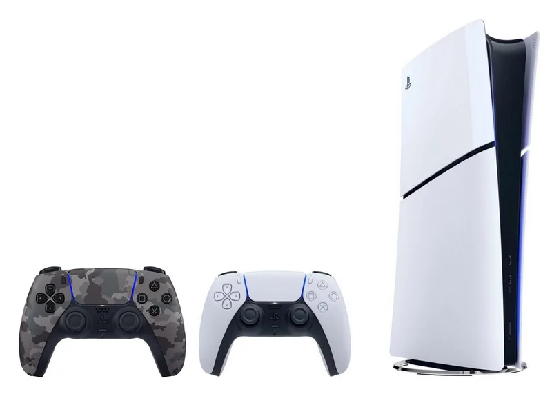 PlayStation 5 Slim Digital Edition Konsole + DualSense Camouflage (Set, 2 St., inkl. 2. DualSense Controller) de Sony Interactive Entertainment, Noir, Blanc – jaquette