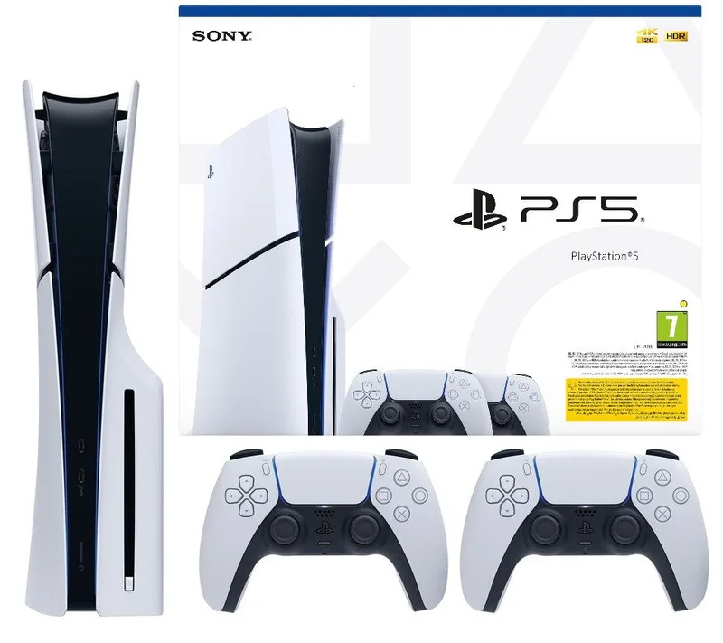 PlayStation 5 Slim Konsole Disk Edition + 2 Controller Bundle mit CD Laufwerk Disc by Sony Interactive Entertainment, White, 1 TB – cover
