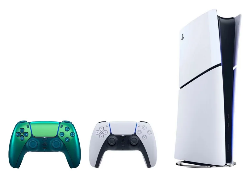 Playstation PS5 Digital Slim + 2. Con Chroma Teal Bundle (Set, 2 St., inkl. 2. DualSense Controller) de Sony Interactive Entertainment, Noir, Blanc, 825 GB – jaquette