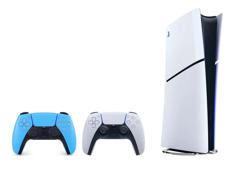 PS5 Digital Slim E-Chassis + 2. Con Starlight Blue (Set, 2 St., inkl. 2. DualSense Controller) van Sony Interactive Entertainment, Zwart, Wit – cover