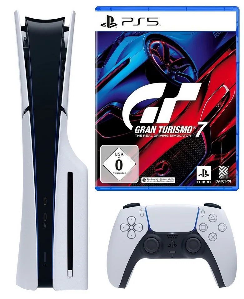 PS5 Konsole Slim Disk Laufwerk + Gran Turismo 7 Bundle (Bundle), Bundle Set Console van Sony Interactive Entertainment, Wit, 1 TB – cover